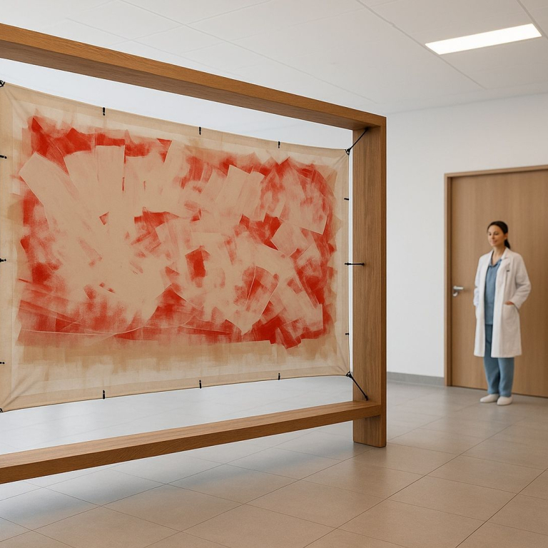 XL-Bild in leuchtendem Rot und Sand - gemalt mit einer Malerrolle